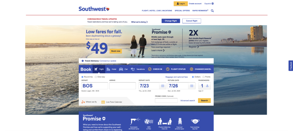 Southwest airlines website home page
